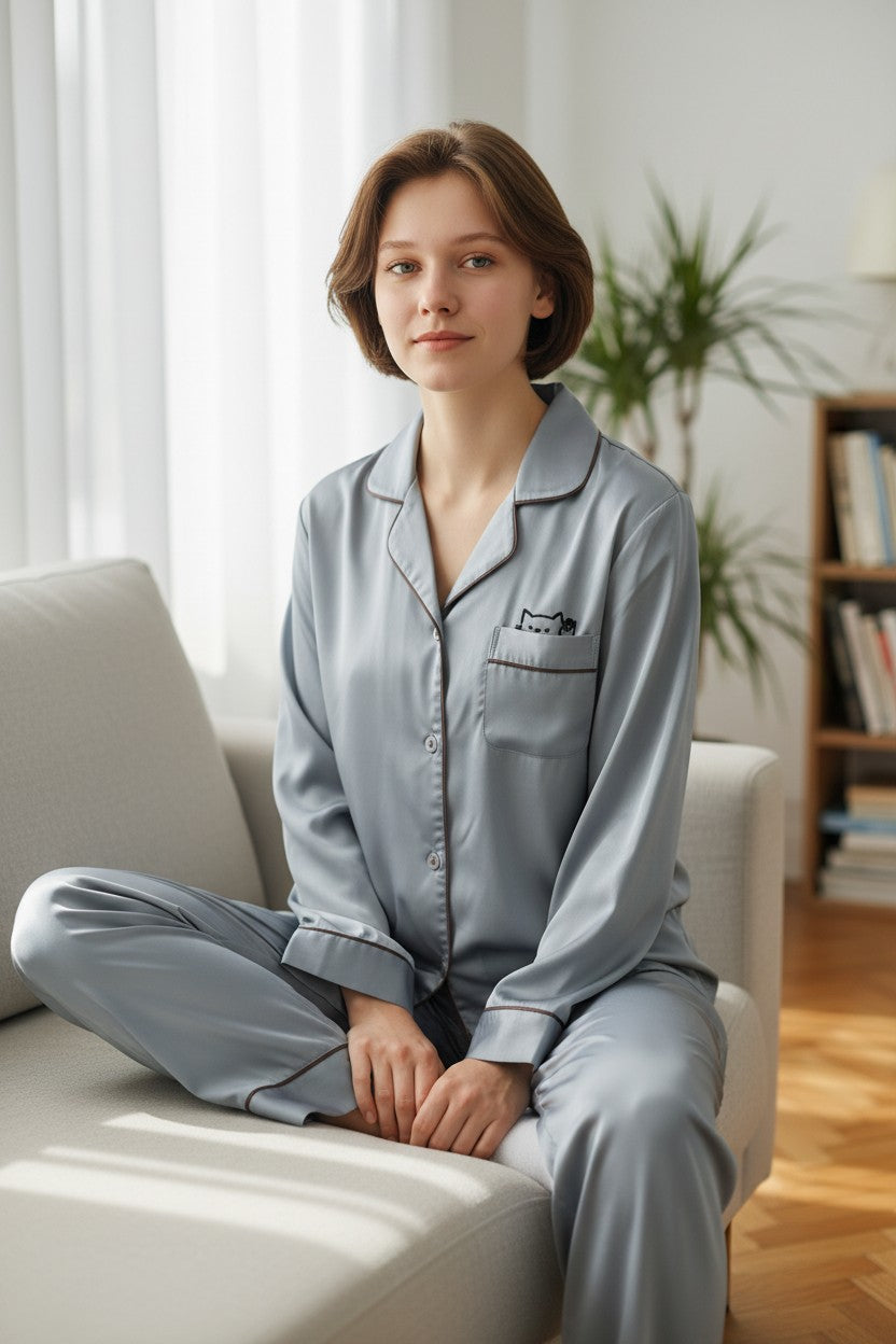 Woman in gray pajamas sitting on a couch in a bright living room. Monza Italy, Monza Outlet, Monza Fashion, Shein Outlet