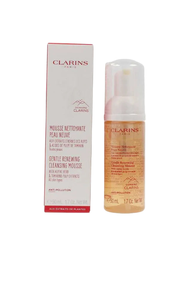 Clarins Gentle Renewing Cleansing Mousse with packaging on a white background monza outlet, Shein outlet, monza fashion