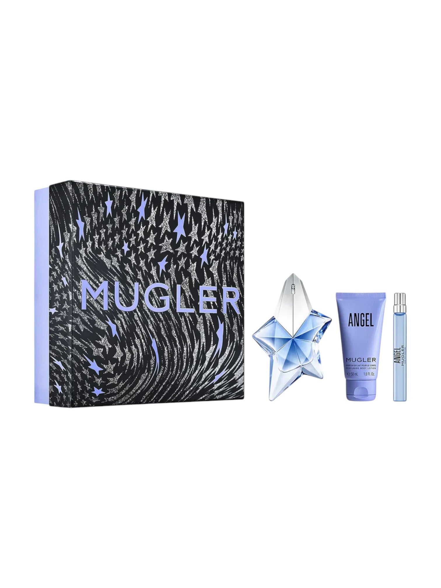 Mugler perfume set with packaging and bottles on a white background. Mugler, Monza Outlet, Monza Fashion, Shein Outlet