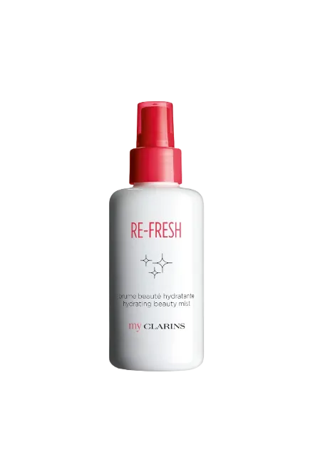 Clarins Re-Fresh hydrating beauty mist bottle with red cap on a white background. Clarins, Monza Outlet, Monza Fashion, Shein Outlet