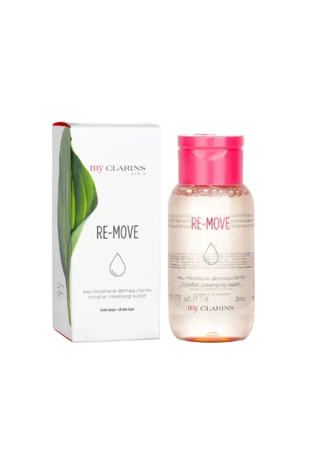 Clarins Re-Move micellar cleansing water bottle and packaging on a white background. Clarins, Monza Outlet, Monza Fashion, Shein Outlet