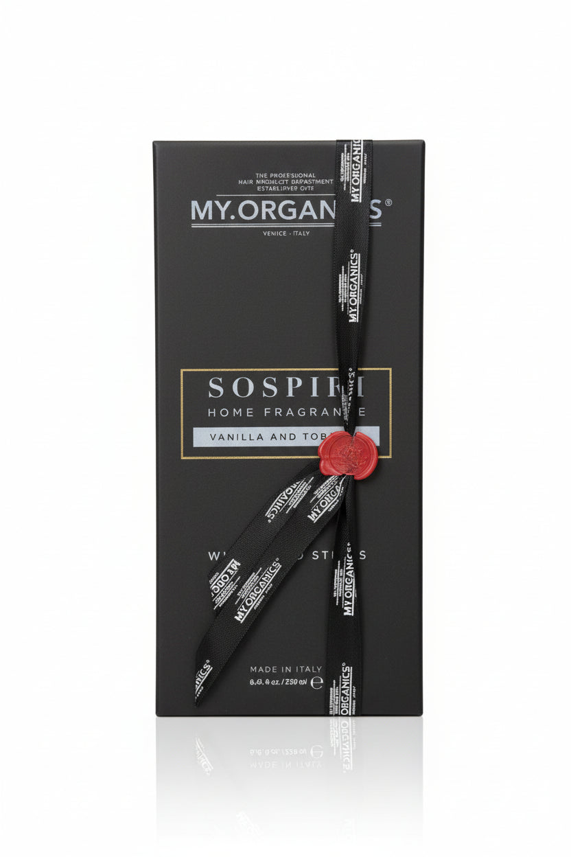 MY.ORGANICS SOSPITE home fragrance packaging with black ribbon and red flower on a white background. My Organics, Monza Outlet, Monza Fashion, Shein Outlet
