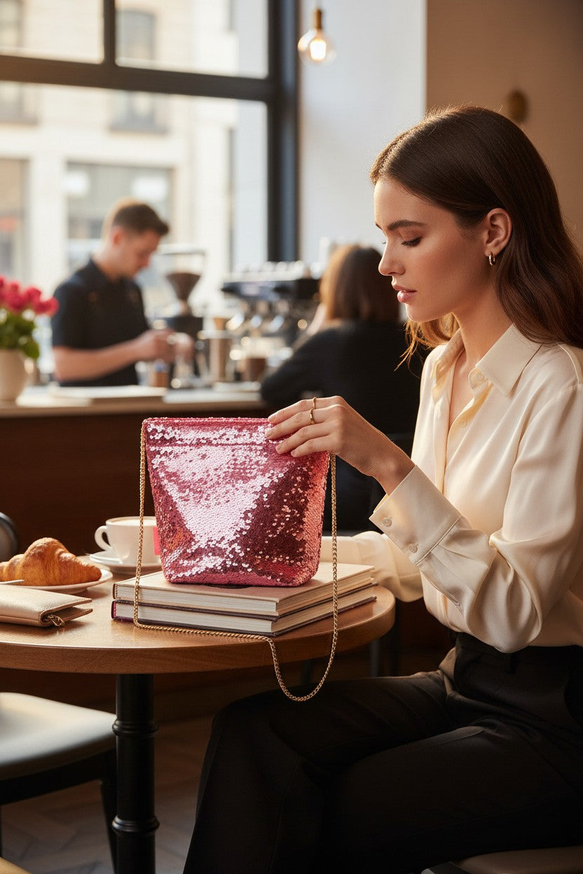 Woman sitting at a cafe table with a pink sequin bag and books. Halloween, Monza Outlet, Monza Fashion, Shein Outlet