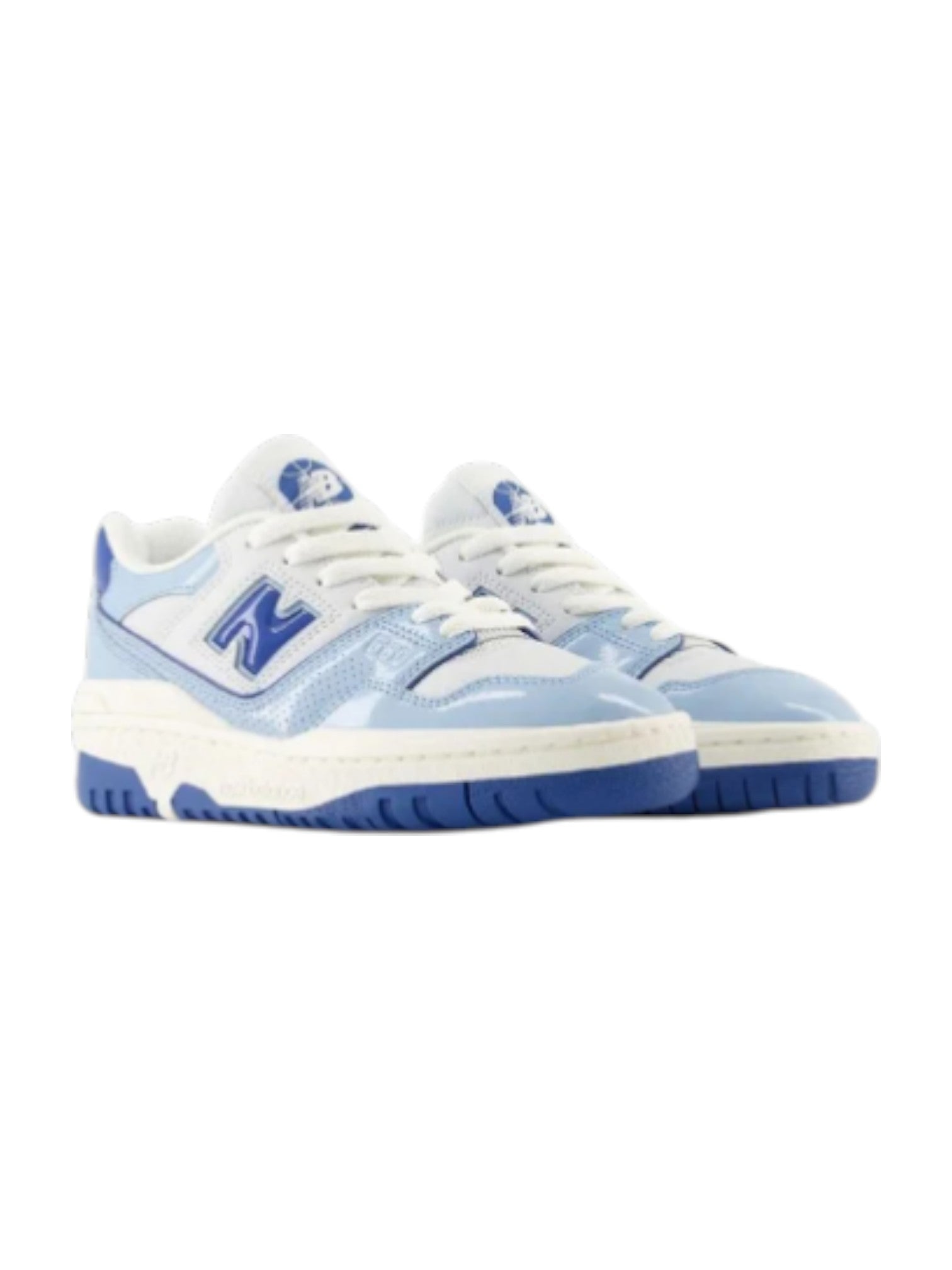 Pair of light blue and white sneakers on a white background. New Balance, Monza Outlet, Monza Fashion, Shein Outlet