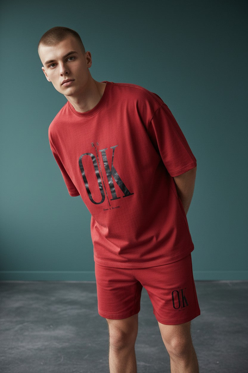 Man wearing a red OK branded outfit against a gray background. Antler, Monza Outlet, Monza Fashion, Shein Outlet