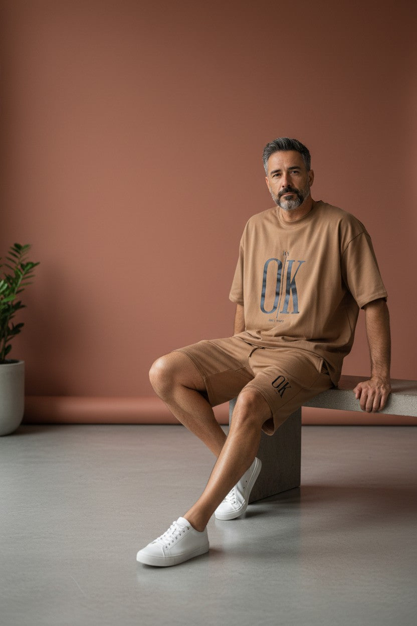 Man sitting on a stool wearing a beige OK t-shirt against a brown wall. Antler, Monza Outlet, Monza Fashion, Shein Outlet