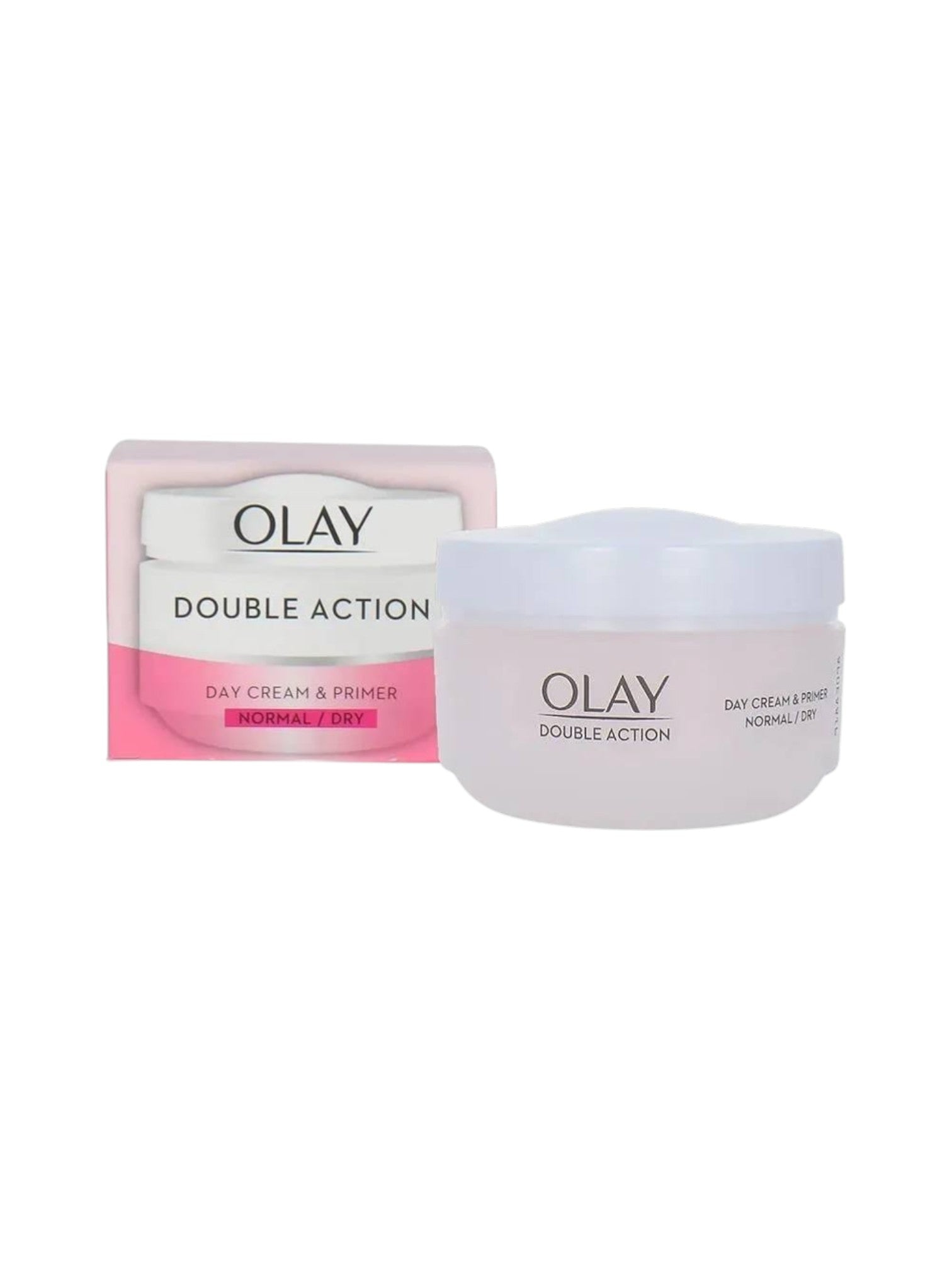 Olay Double Action day cream and primer packaging on a white background. Clinique, Monza Outlet, Monza Fashion, Shein Outlet 