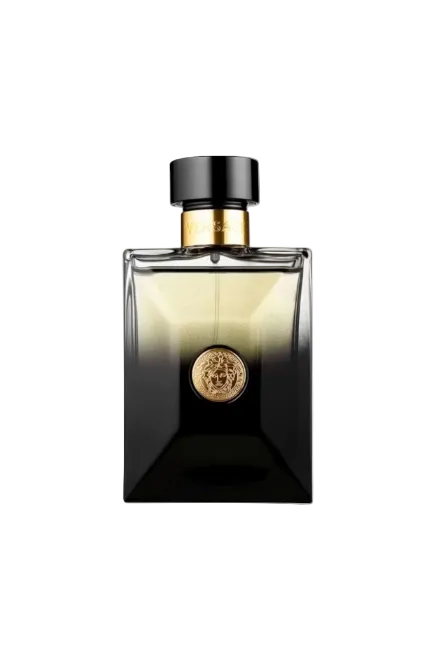 Perfume bottle with black and gold design on a white background