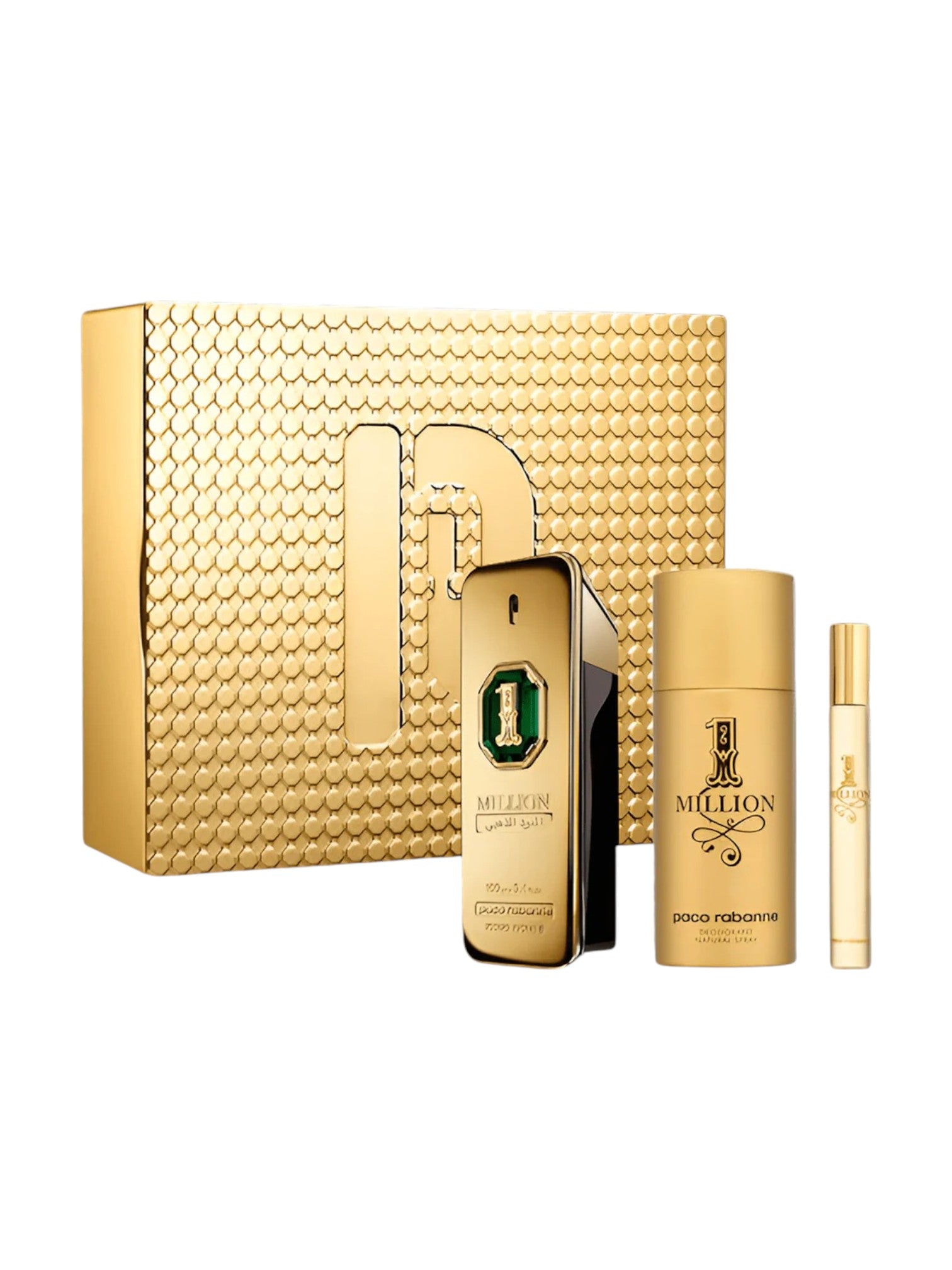 Dior perfume set with gold packaging on a white background. Paco Rabanne, Monza Outlet, Monza Fashion, Shein Outlet