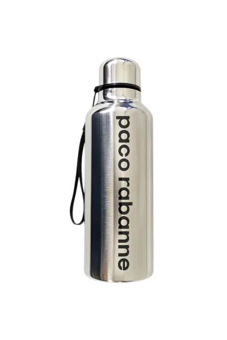 Silver water bottle with paco rabanne branding on a white background Monza Outlet