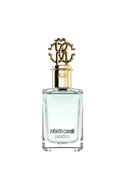 Roberto Cavalli Paradiso perfume bottle with gold cap on a white background monza outlet, Shein outlet, monza fashion