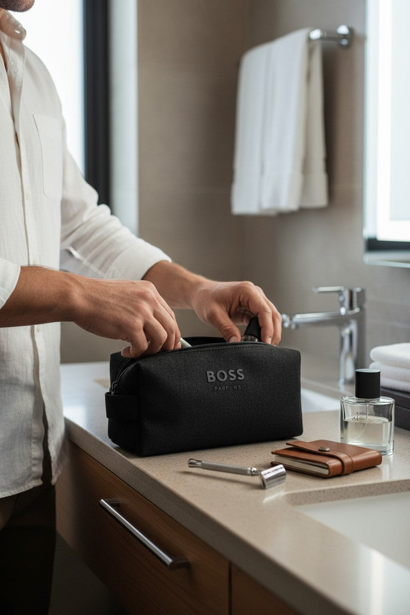 Person packing a black BOSS toiletry bag on a bathroom counter. Hugo Boss, Monza Outlet, Monza Fashion, Shein Outlet