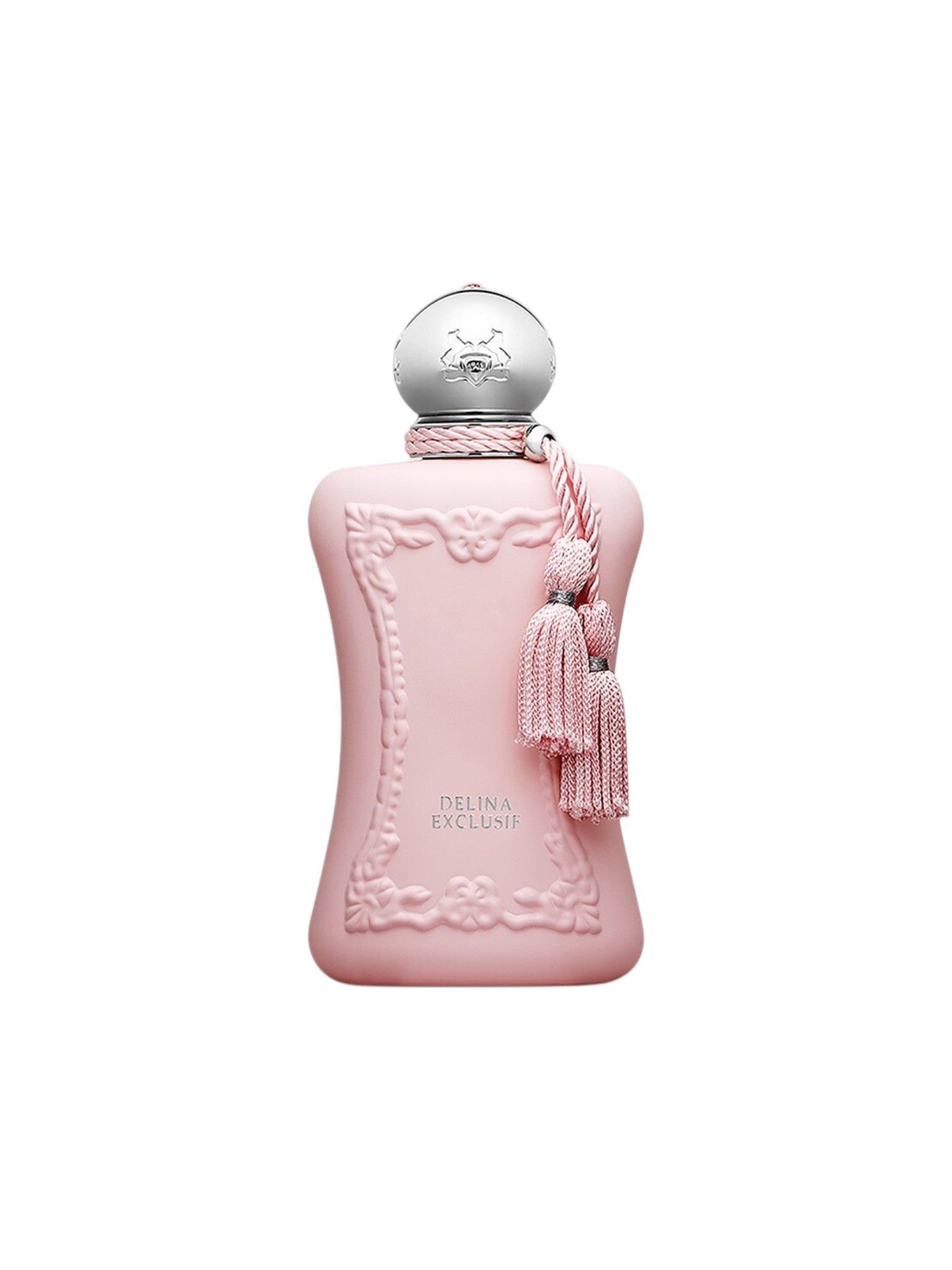 Pink perfume bottle with decorative elements on a white background. Parfums De Marly, Monza Outlet, Monza Fashion, Shein Outlet