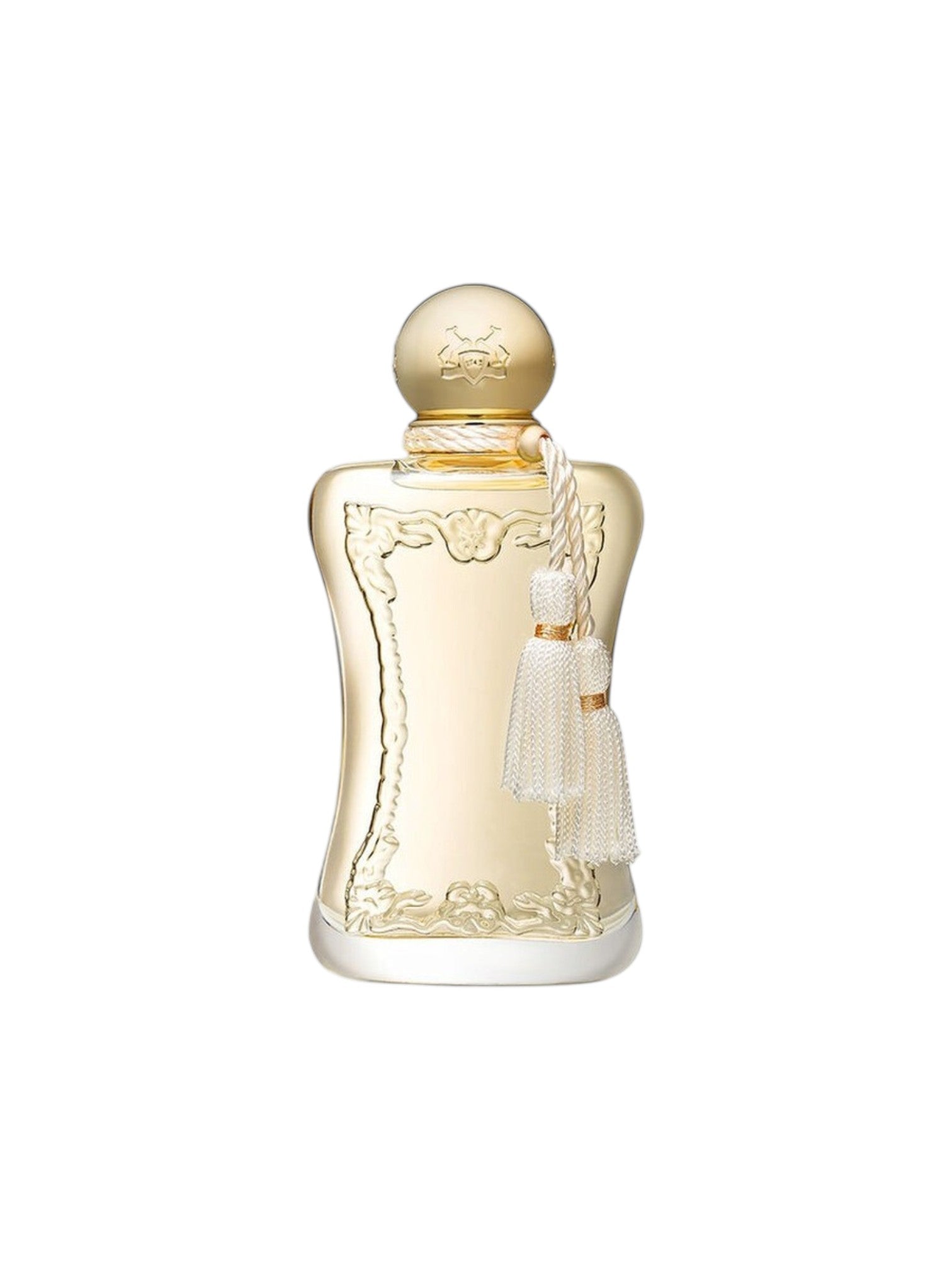 Gold perfume bottle with decorative elements on a white background. Parfums De Marly, Monza Outlet, Monza Fashion, Shein Outlet