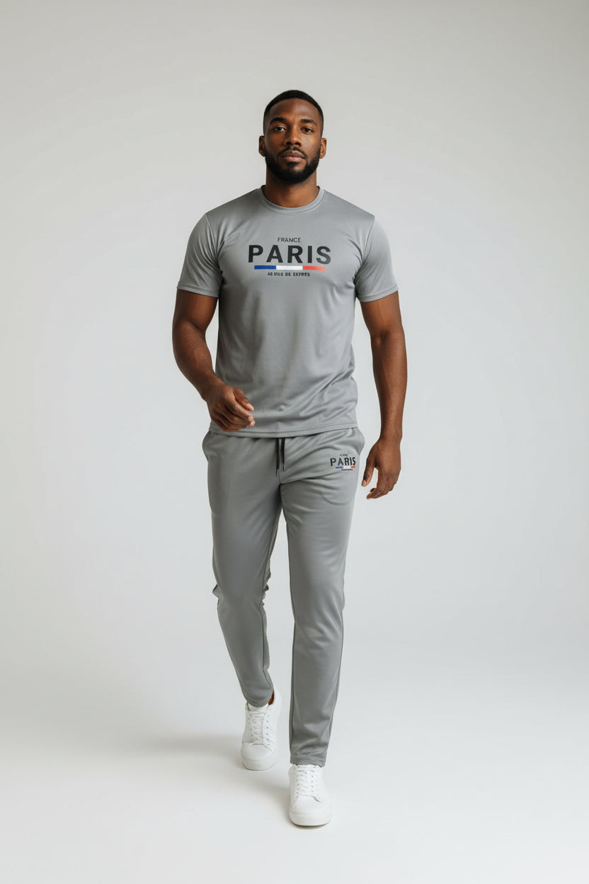 Man wearing a gray Paris t-shirt and pants on a white background. Antler, Monza Outlet, Monza Fashion, Shein Outlet