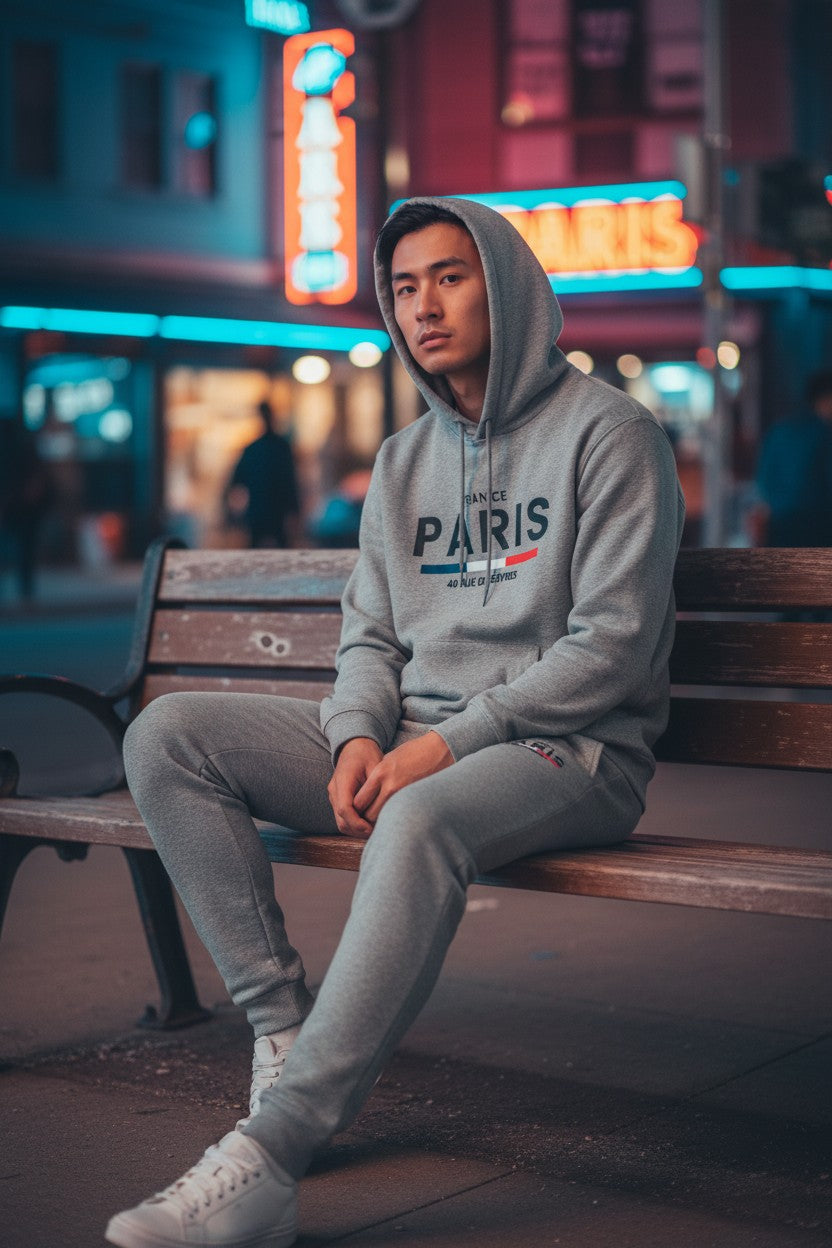 Man sitting on a bench wearing a gray hoodie with PARIS text in an urban setting at night. Antler, Monza Outlet, Monza Fashion, Shein Outlet