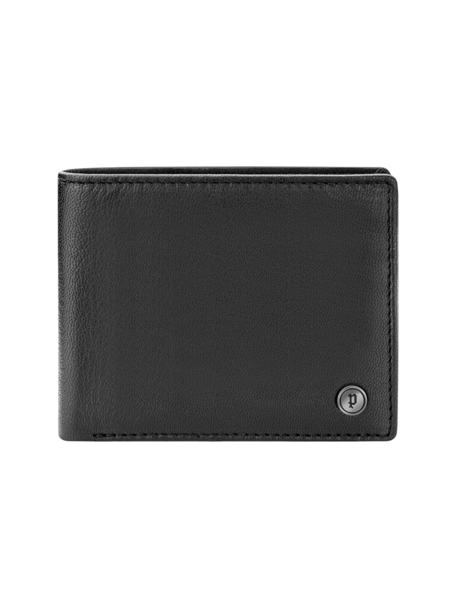 Black leather wallet with a silver button on a white background, Police, Monza Outlet, Monza Fashion, Shein Outlet