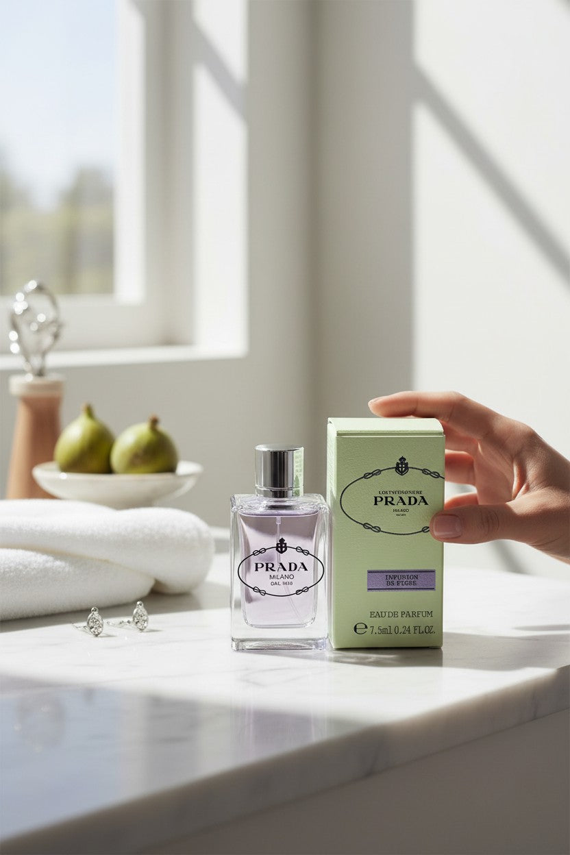 Prada perfume bottle and packaging on a marble surface with a blurred background. Prada, Monza Outlet, Monza Fashion, Shein Outlet