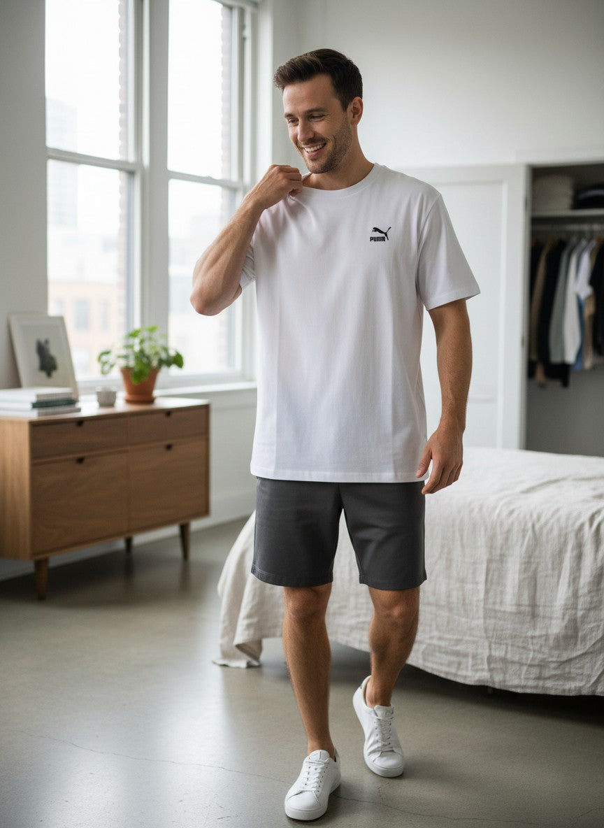 Man wearing a white t-shirt and gray shorts standing in a bedroom. Puma, Monza Outlet, Monza Fashion, Shein Outlet 