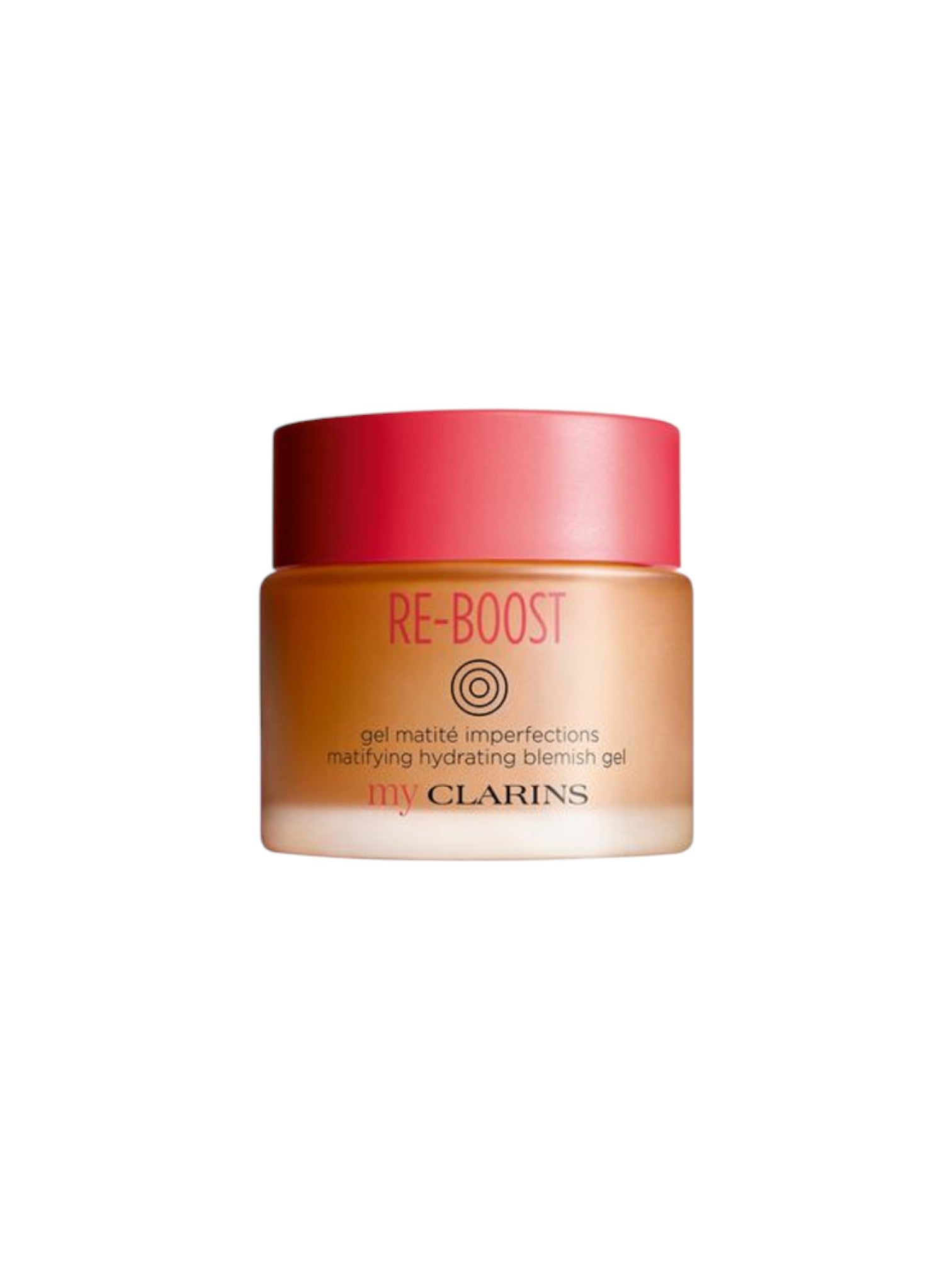 Clarins Re-Boost skincare product jar with red lid on a white background