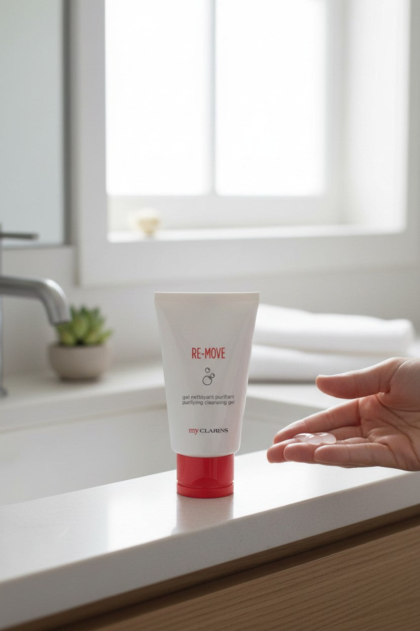 Tube of RE-MOVE cream on a bathroom counter with a hand reaching out. Clarins, Monza Outlet, Monza Fashion, Shein Outlet