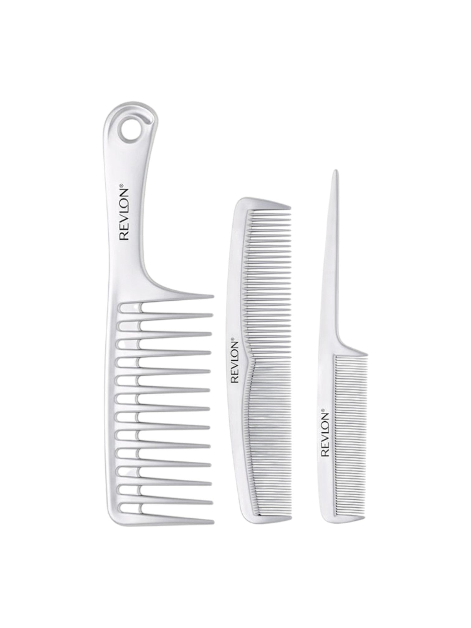 Set of three Revlon combs on a white background. Revlon, Monza Outlet, Monza Fashion, Shein Outlet