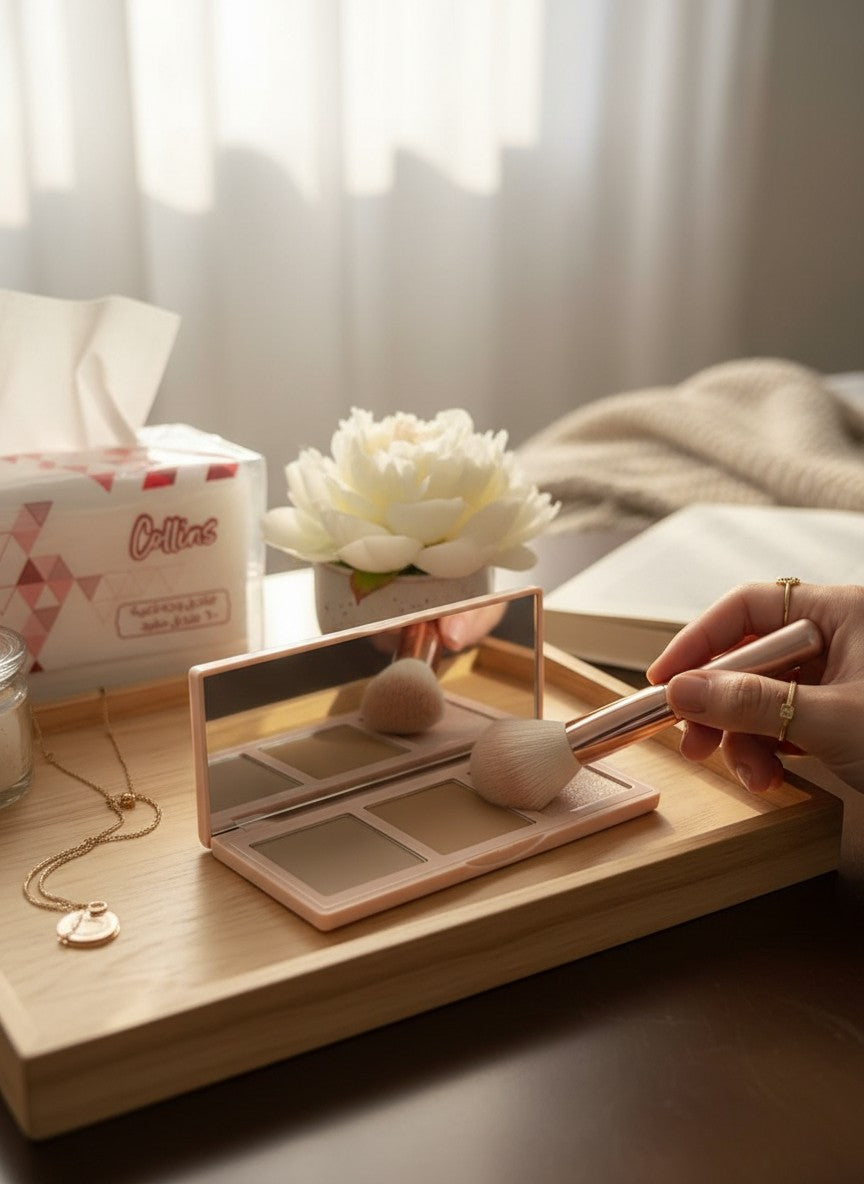 Makeup brush and palette on a wooden surface with a soft, blurred background.  Riva Girl, Monza Outlet, Monza Fashion, Shein Outlet 