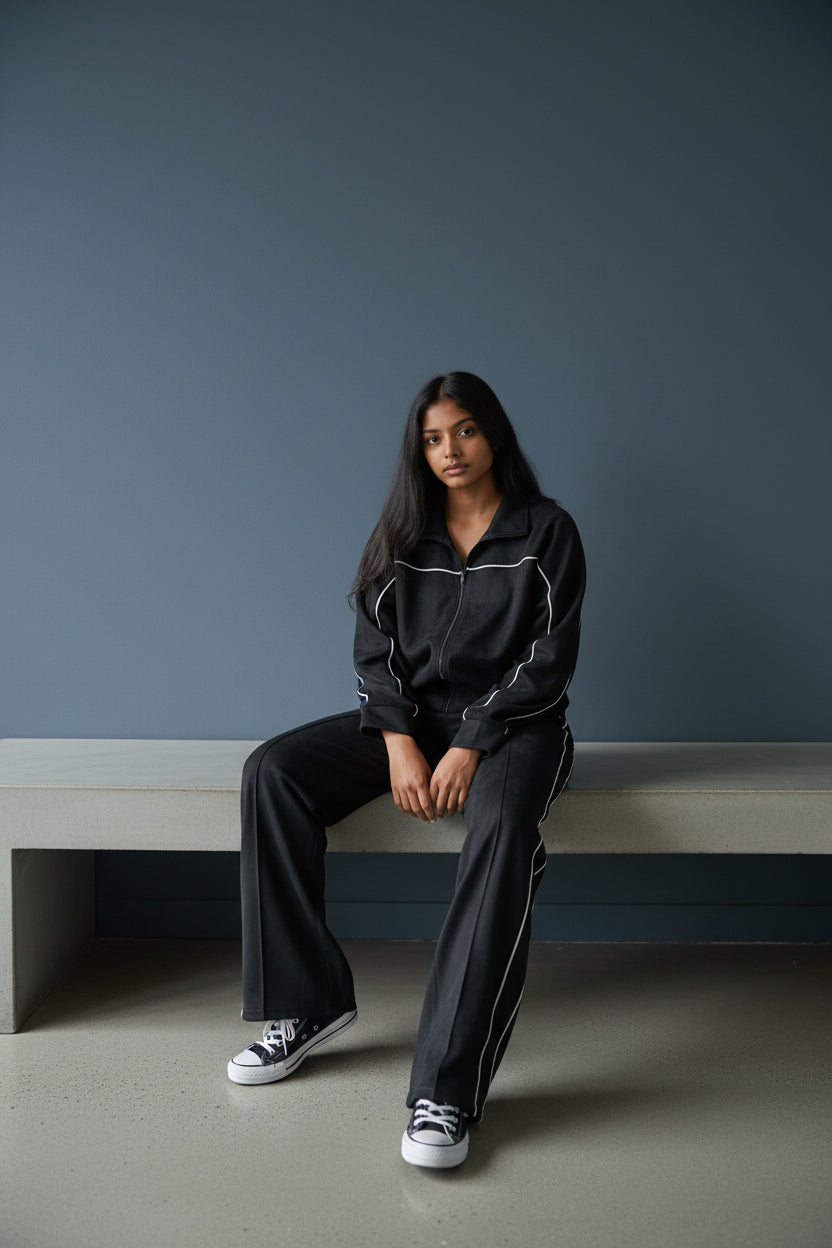 Person wearing a black tracksuit sitting on a concrete bench against a gray wall. Roncato, Monza Outlet, Monza Fashion, Shein Outlet
