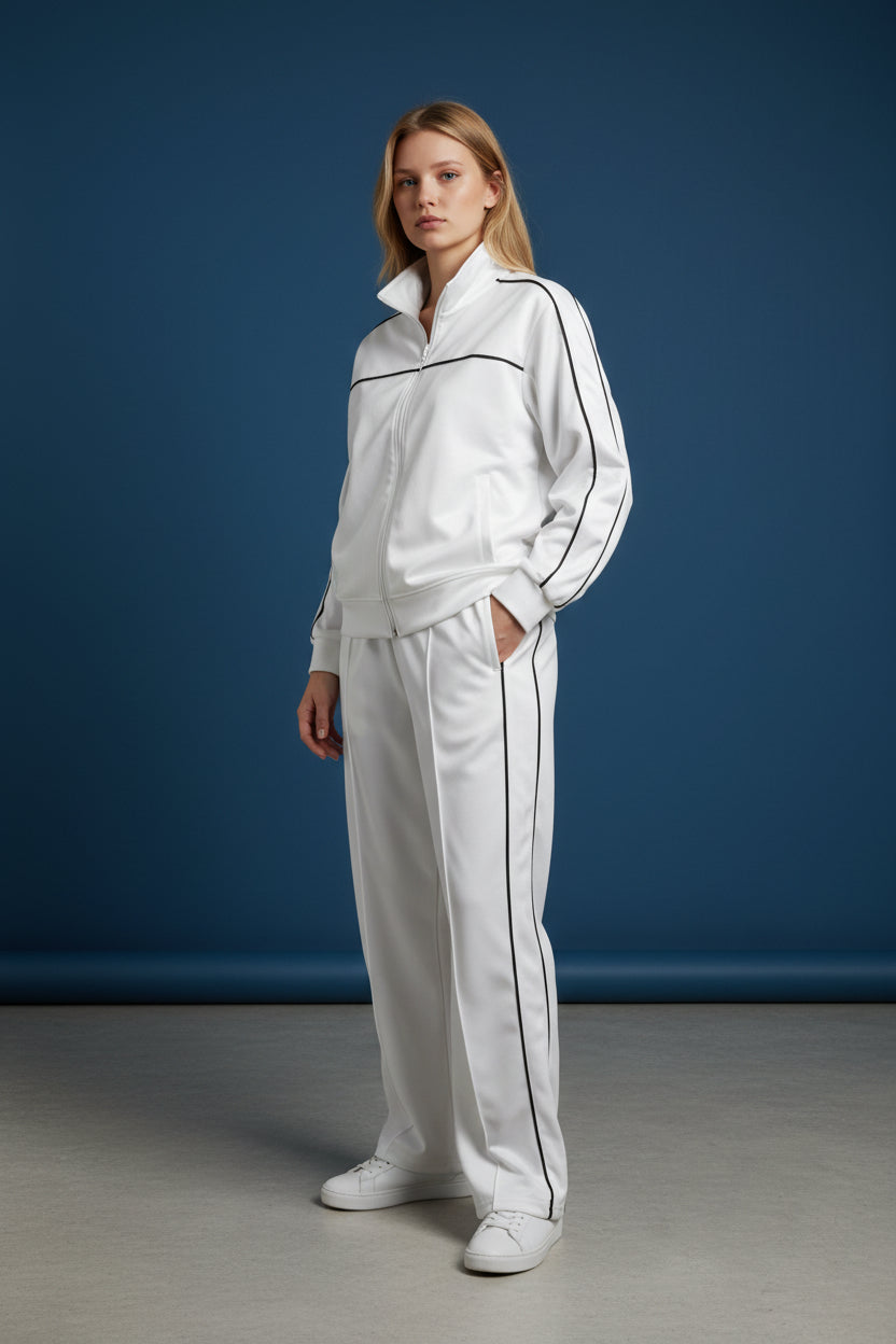Woman wearing a white tracksuit with black stripes against a blue background. Roncato, Monza Outlet, Monza Fashion, Shein Outlet