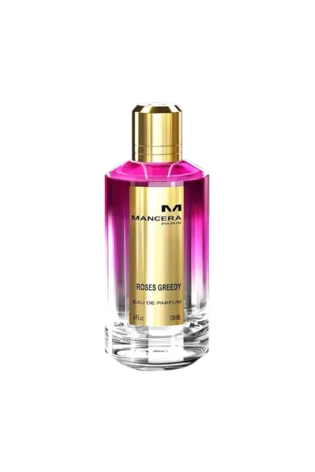 Perfume bottle labeled Mancera Roses Greedy with gold cap and pink liquid on a white background Monza Outlet