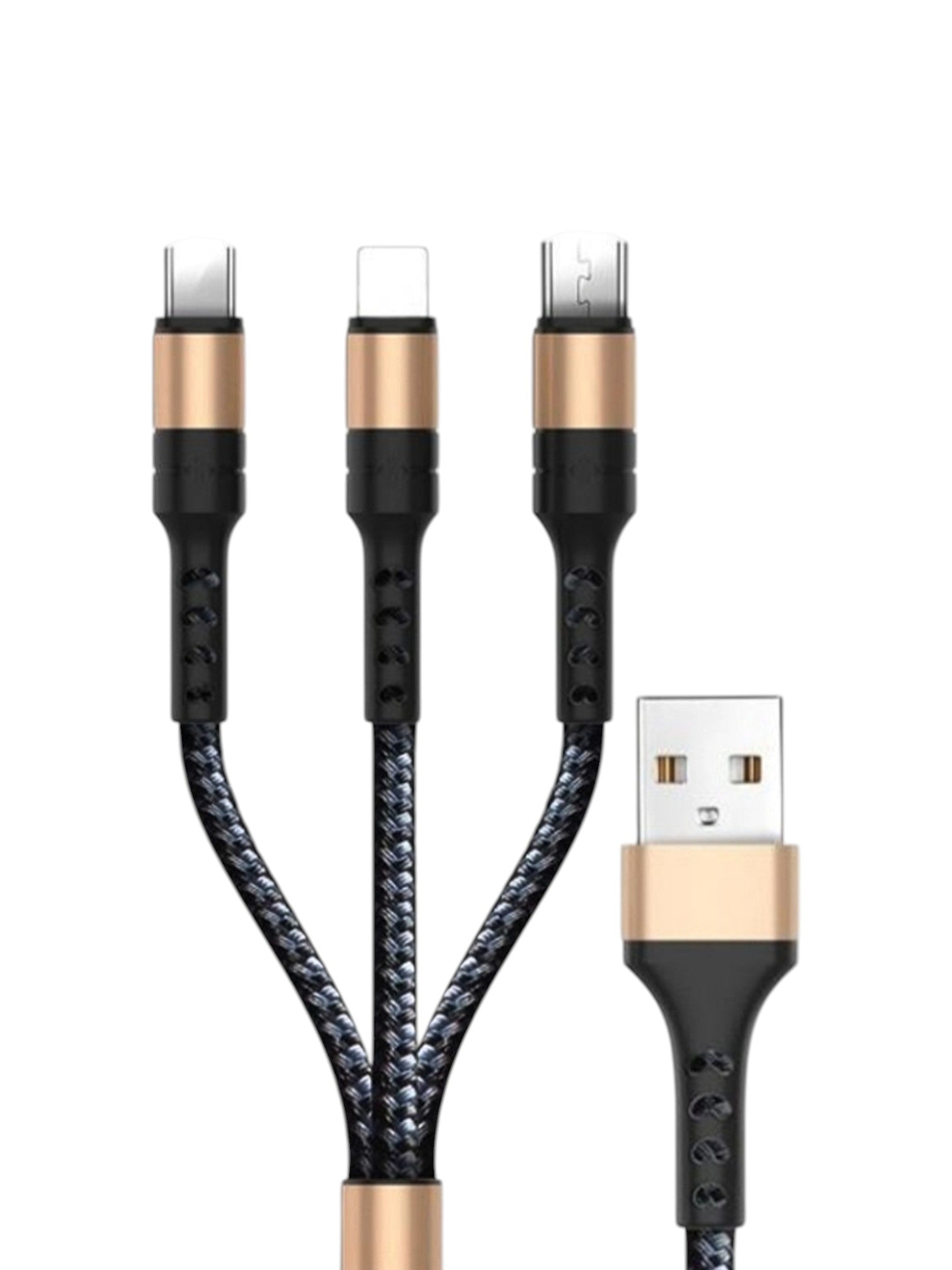 Three合一USB cable with multiple connectors on a white background. Saafo, Monza Outlet, Monza Fashion, Shein Outlet