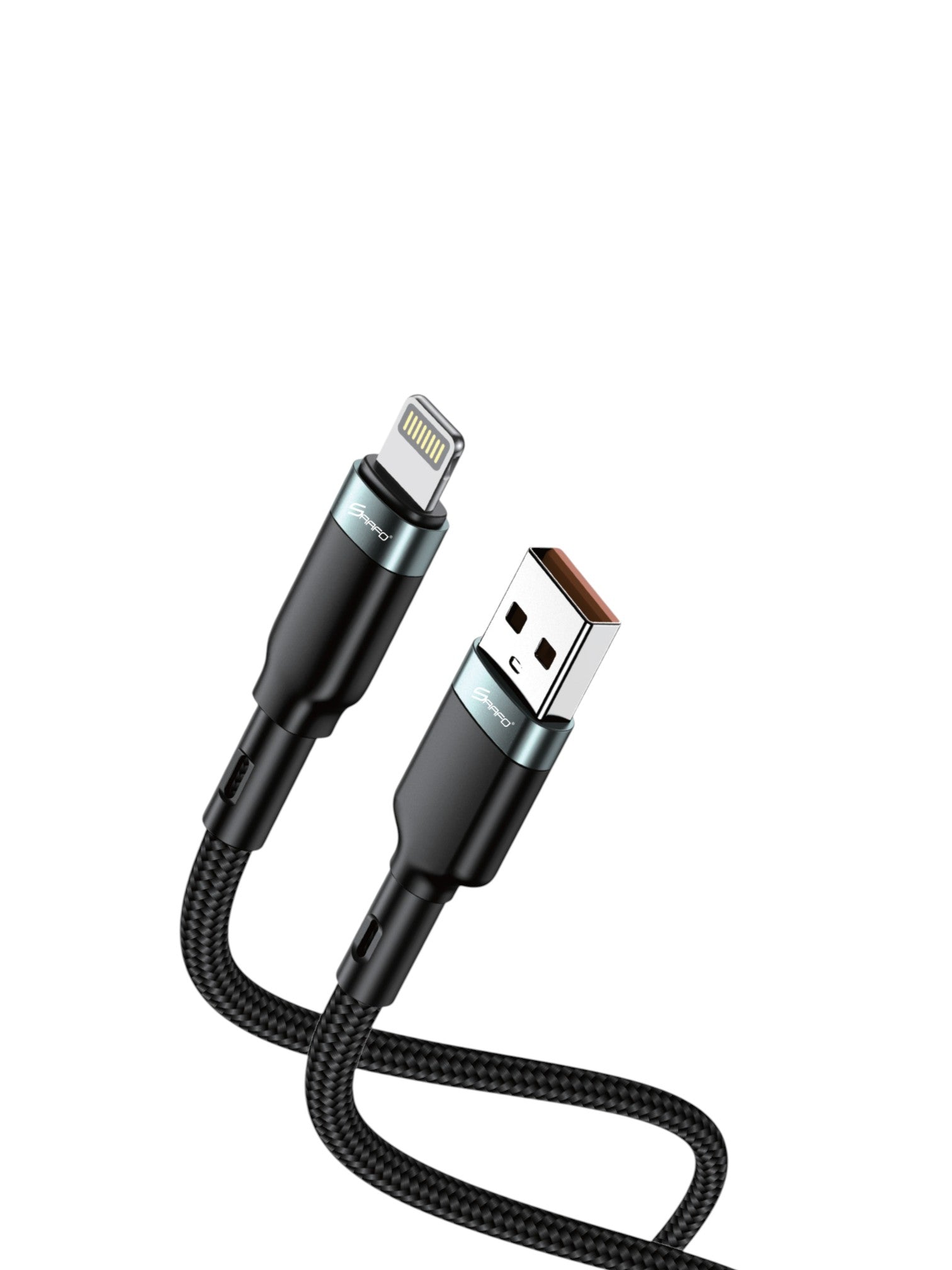 Black braided cable with USB and Lightning connectors on a white background. Saafo, Monza Outlet, Monza Fashion, Shein Outlet