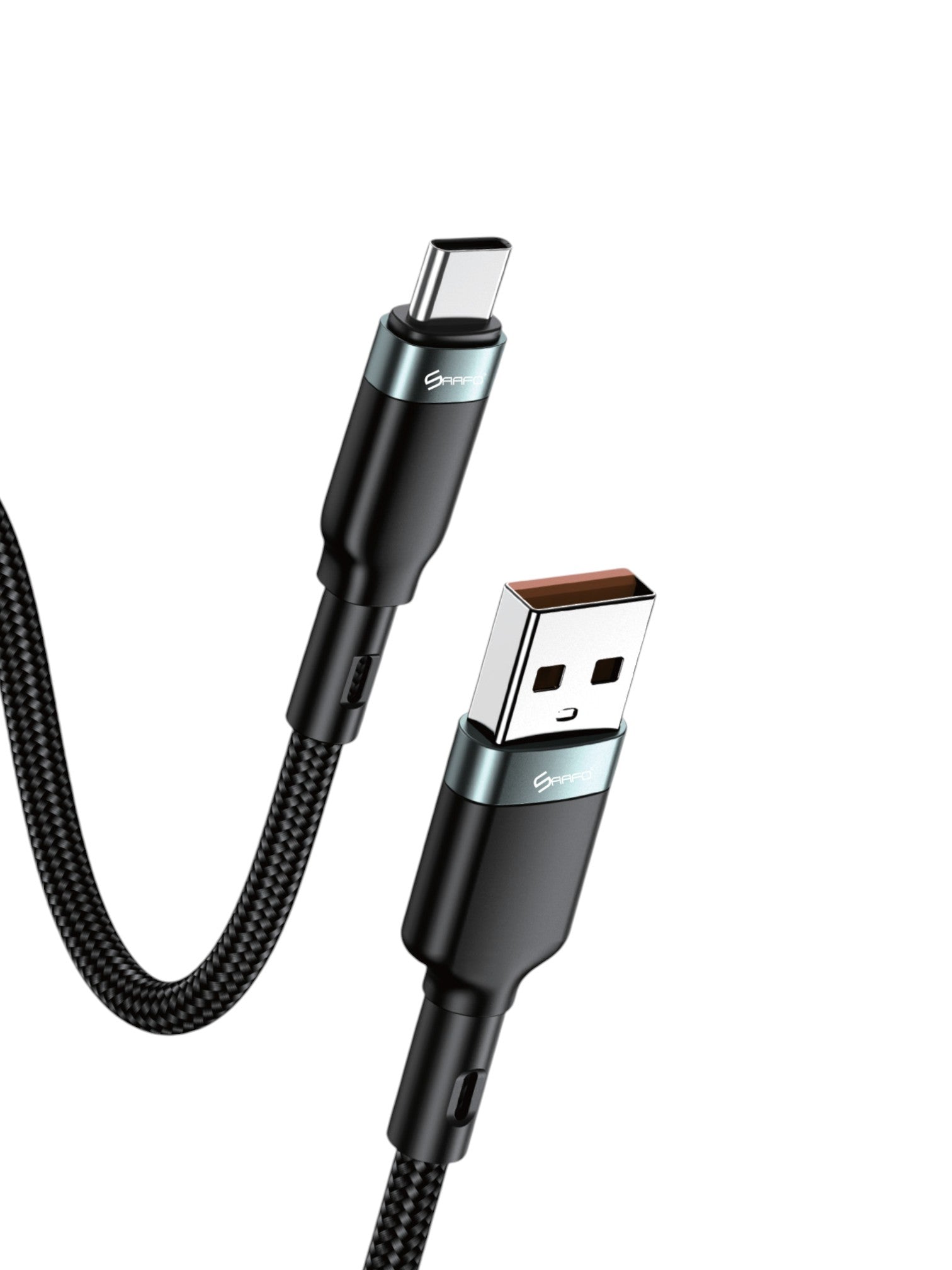 Black USB cable with braided design on a white background. Saafo, Monza Outlet, Monza Fashion, Shein Outlet