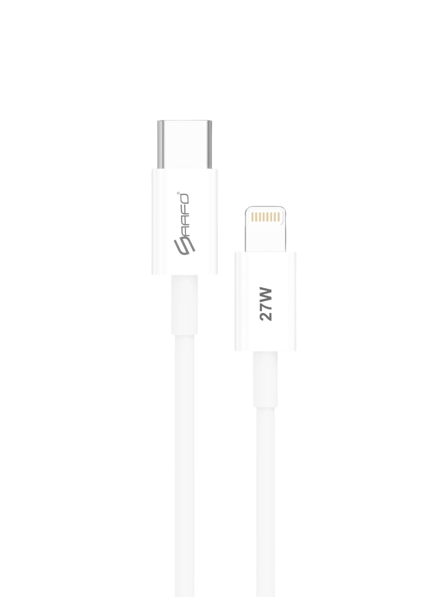 White USB-C to Lightning cable with 'Safro' branding on a white background. Saafo, Monza Outlet, Monza Fashion, Shein Outlet