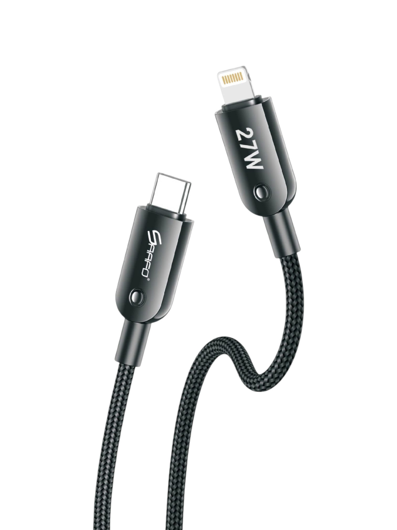 Black charging cable with USB-C and Lightning connectors on a white background. Saafo, Monza Outlet, Monza Fashion, Shein Outlet