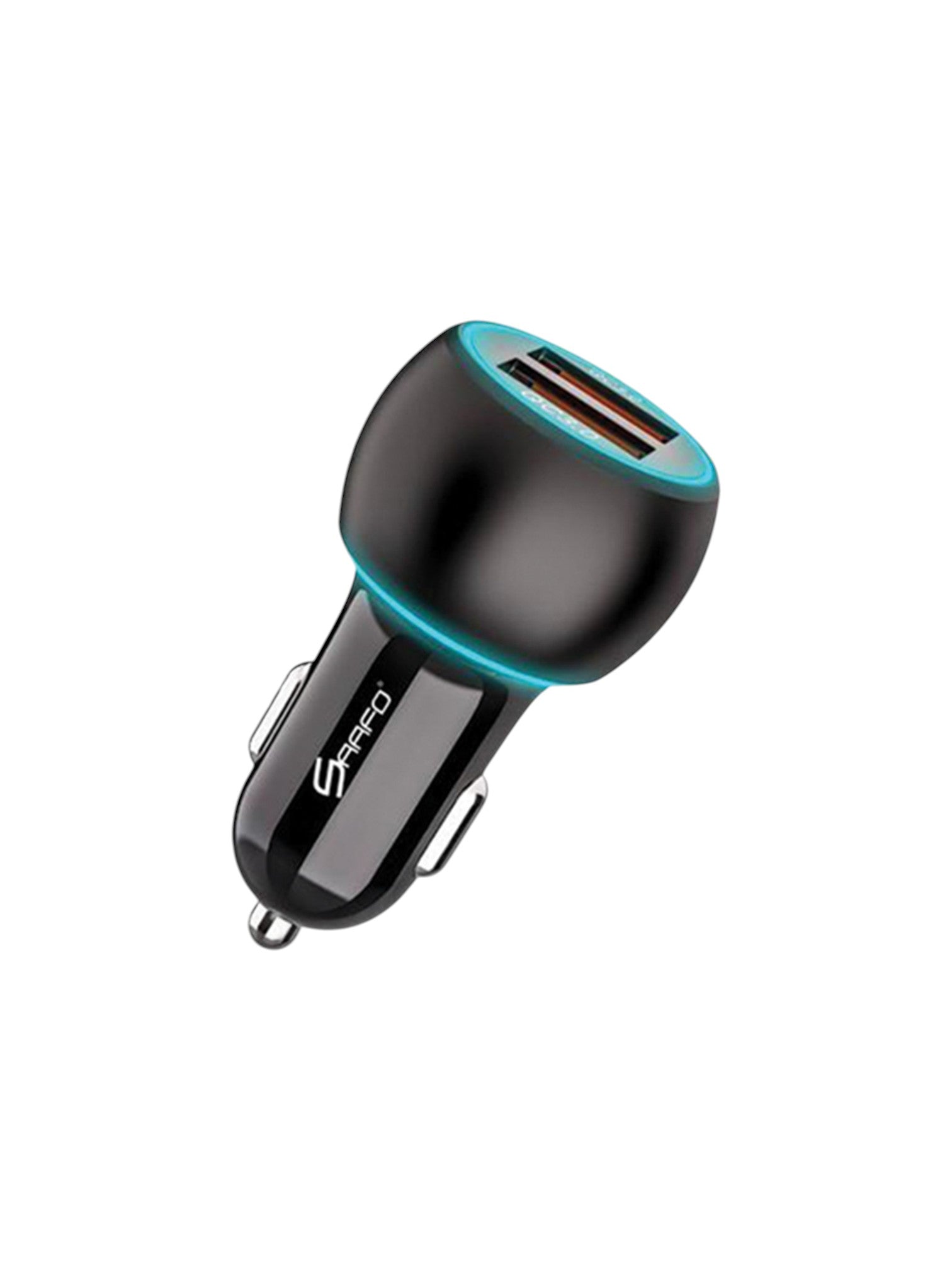 Black and blue car charger with two USB ports on a white background. Saafo, Monza Outlet, Monza Fashion, Shein Outlet