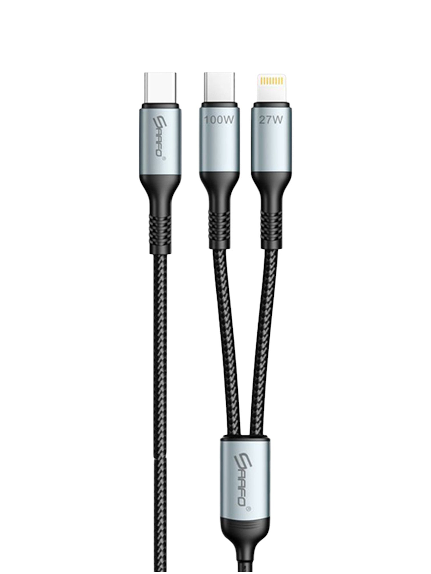 Black USB cable with metal connectors on a white background. Saafo, Monza Outlet, Monza Fashion, Shein Outlet