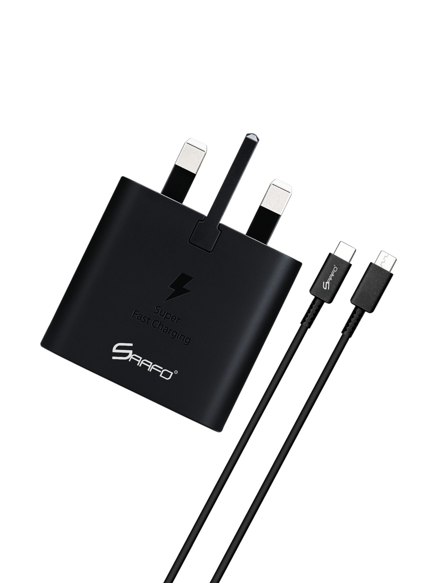 Black charging adapter with multiple connectors on a white background. Saafo, Monza Outlet, Monza Fashion, Shein Outlet