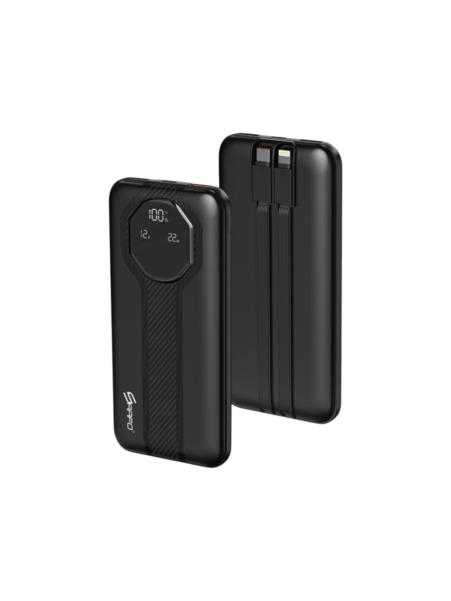 Black portable power bank with digital display on a white background. Saafo, Monza Outlet, Monza Fashion, Shein Outlet