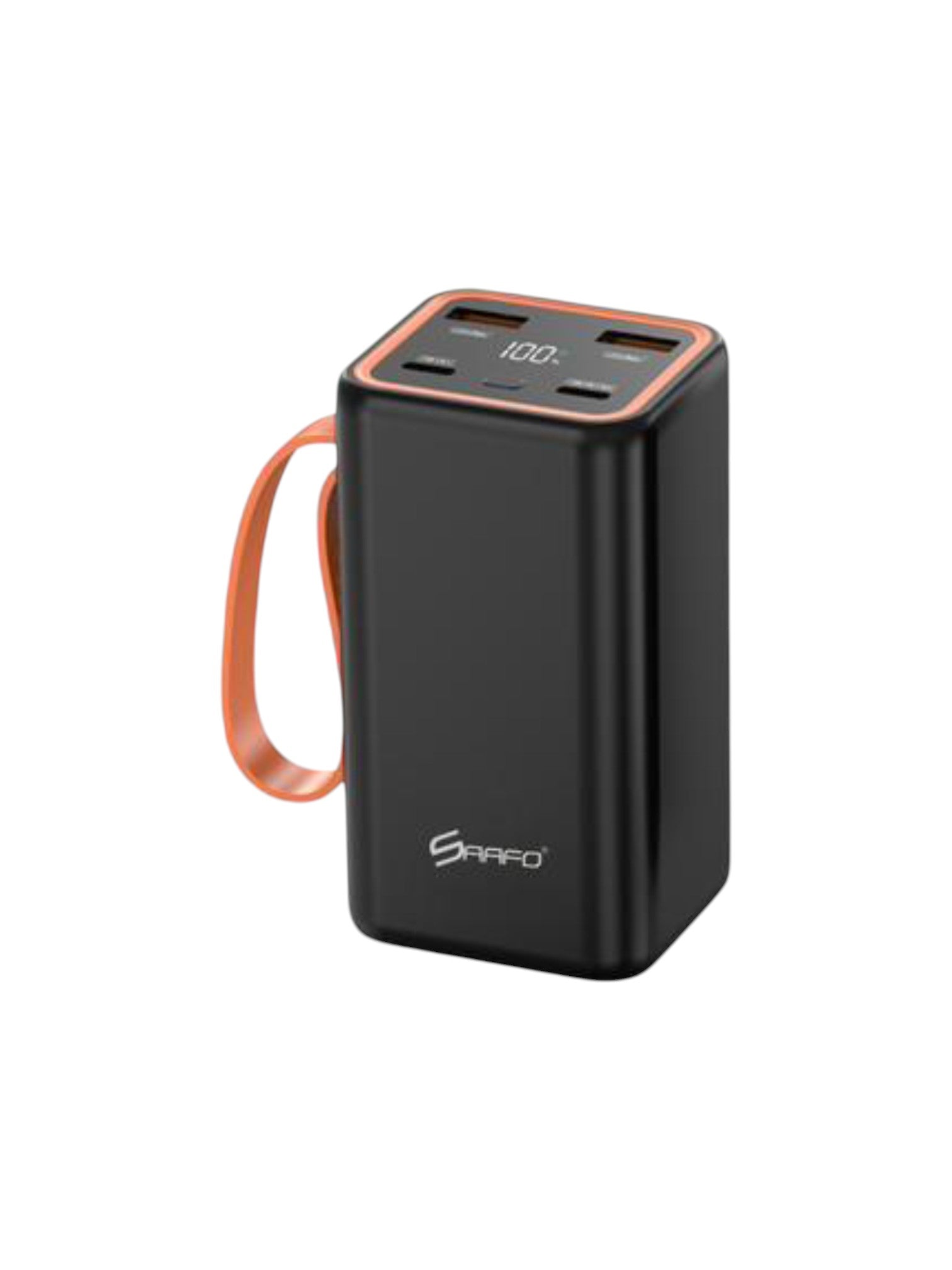 Black power bank with orange handle on a white background. Saafo, Monza Outlet, Monza Fashion, Shein Outlet
