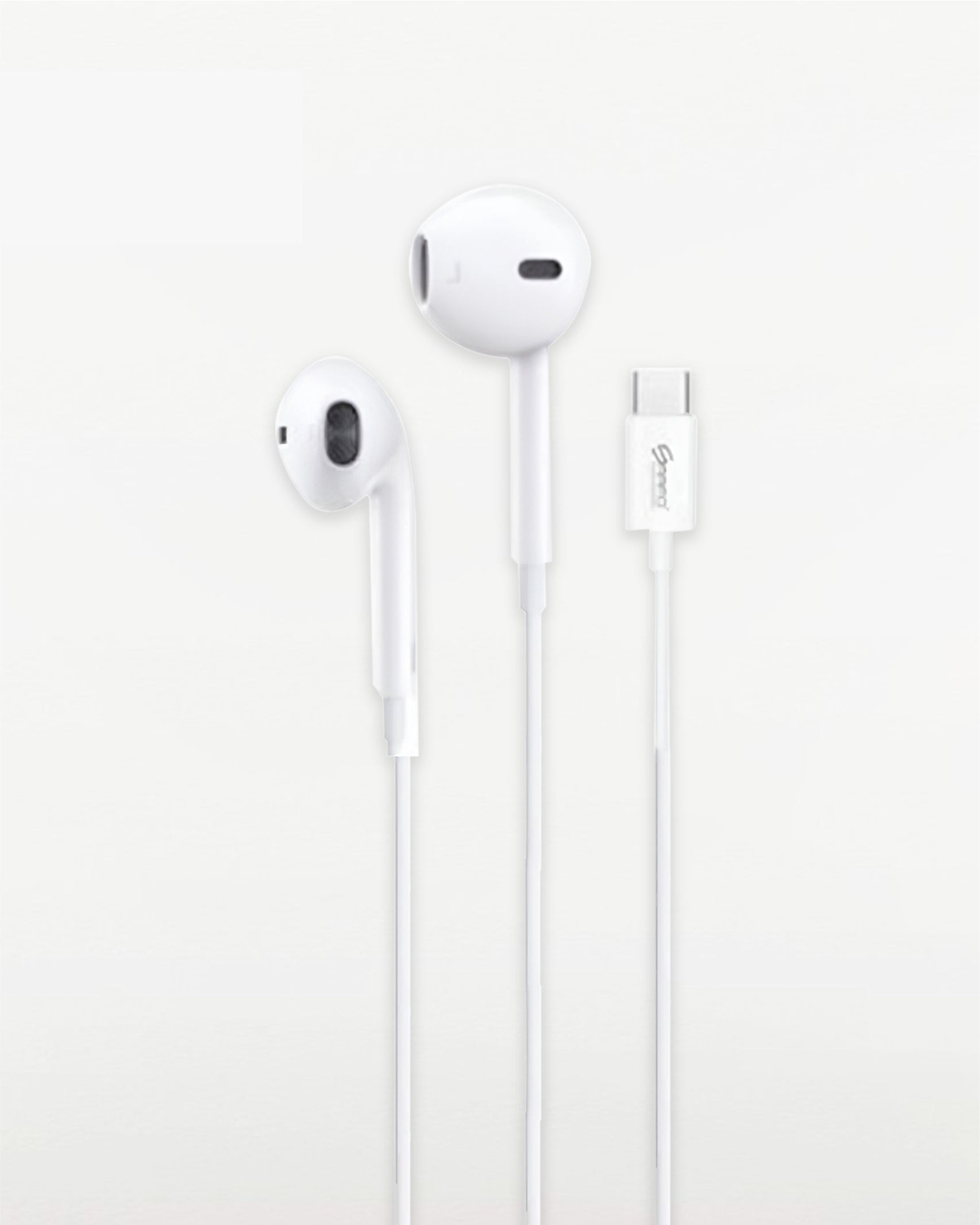 White earphones with a cable on a light gray background. Saafo, Monza Outlet, Monza Fashion, Shein Outlet