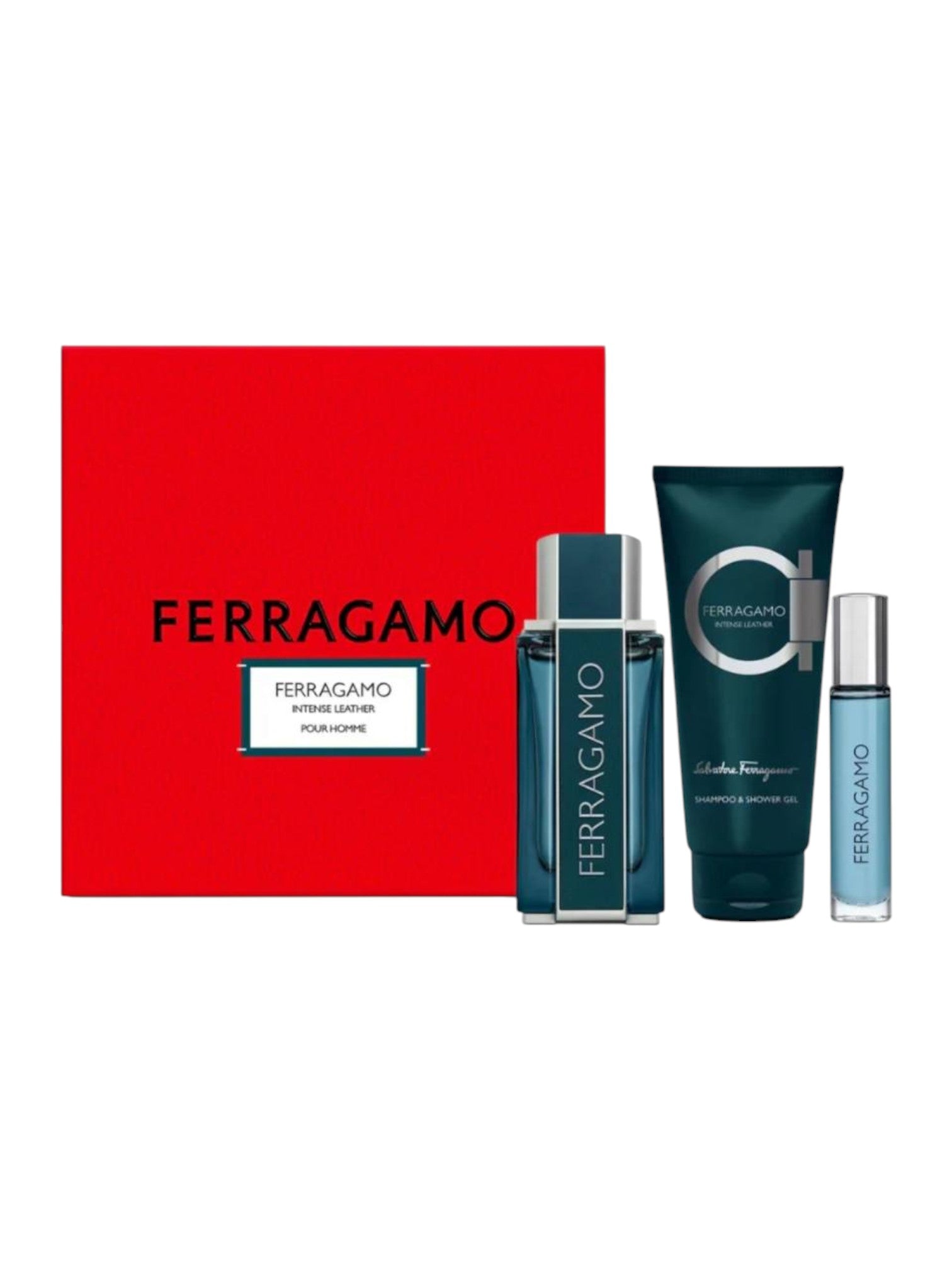 Ferragamo perfume set with a red box on a white background. Ferragamo, Monza Outlet, Monza Fashion, Shein Outlet
