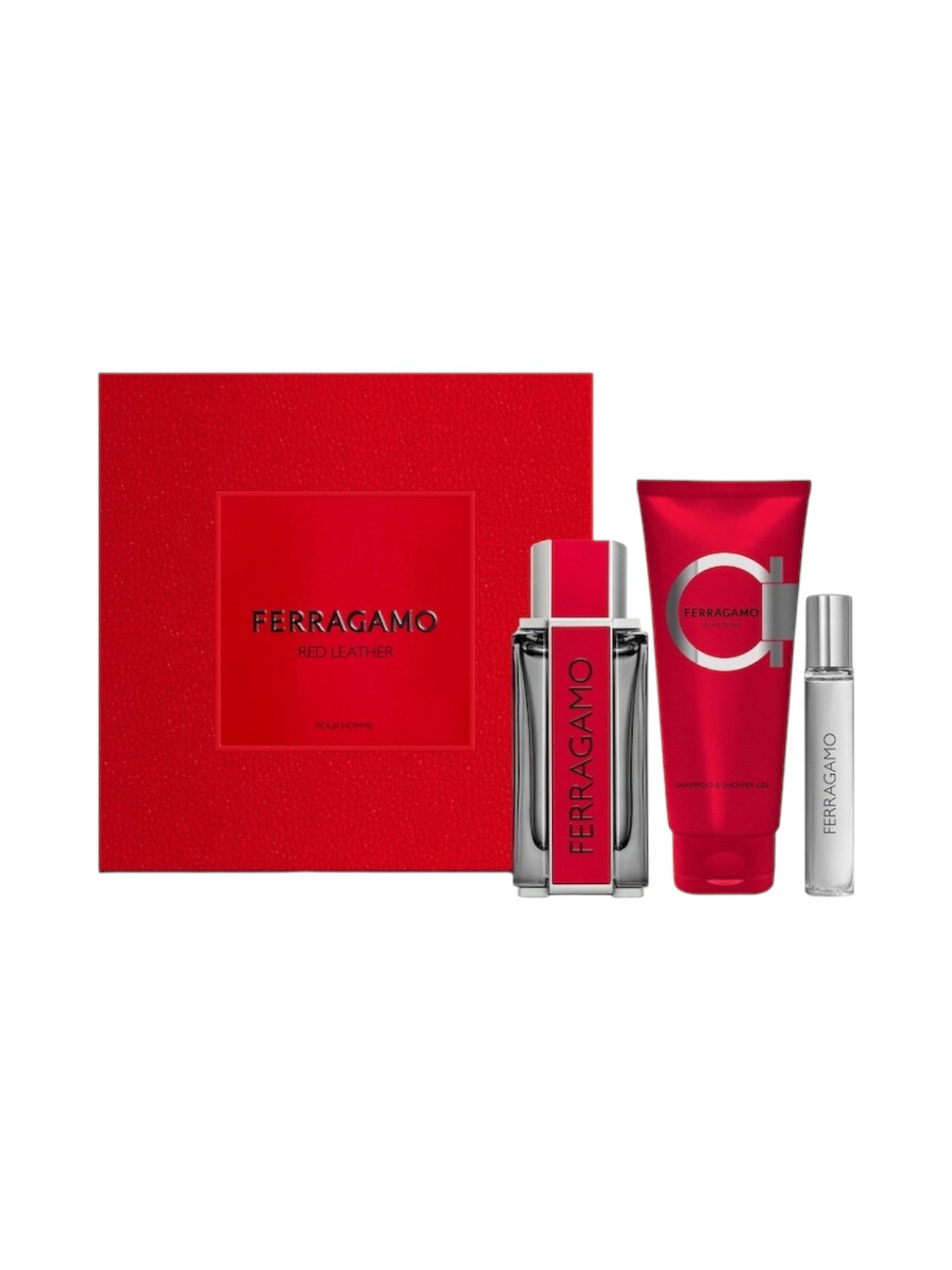 Ferragamo perfume set with red box, bottle, and tube on a white background. Ferragamo, Monza Outlet, Monza Fashion, Shein Outlet