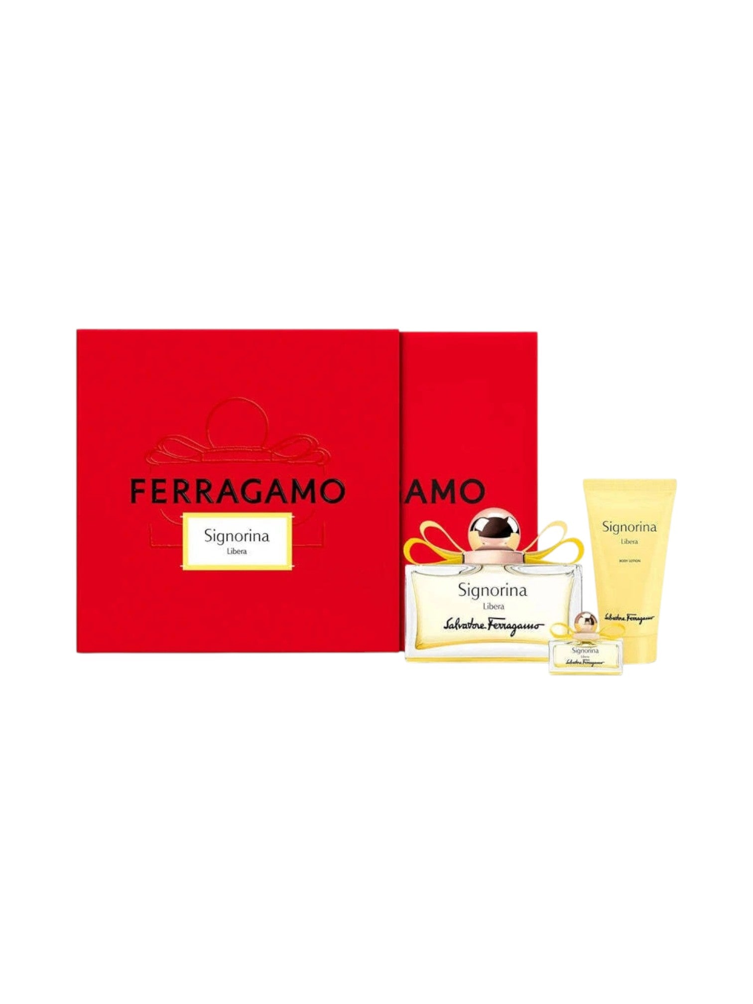 Ferragamo perfume set with red box, white bottle, and yellow tube on a white background. Ferragamo, Monza Outlet, Monza Fashion, Shein Outlet