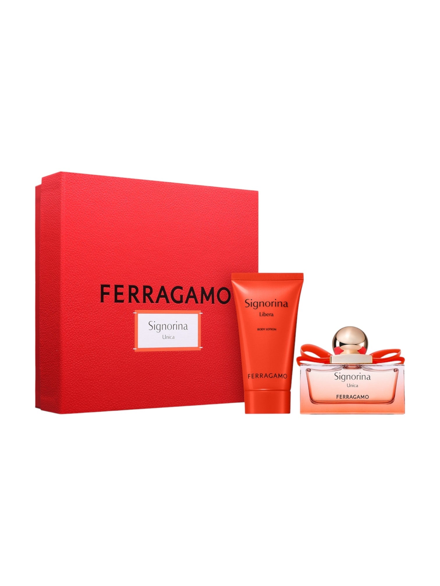 Ferragamo perfume set with red packaging on a white background. Ferragamo, Monza Outlet, Monza Fashion, Shein Outlet