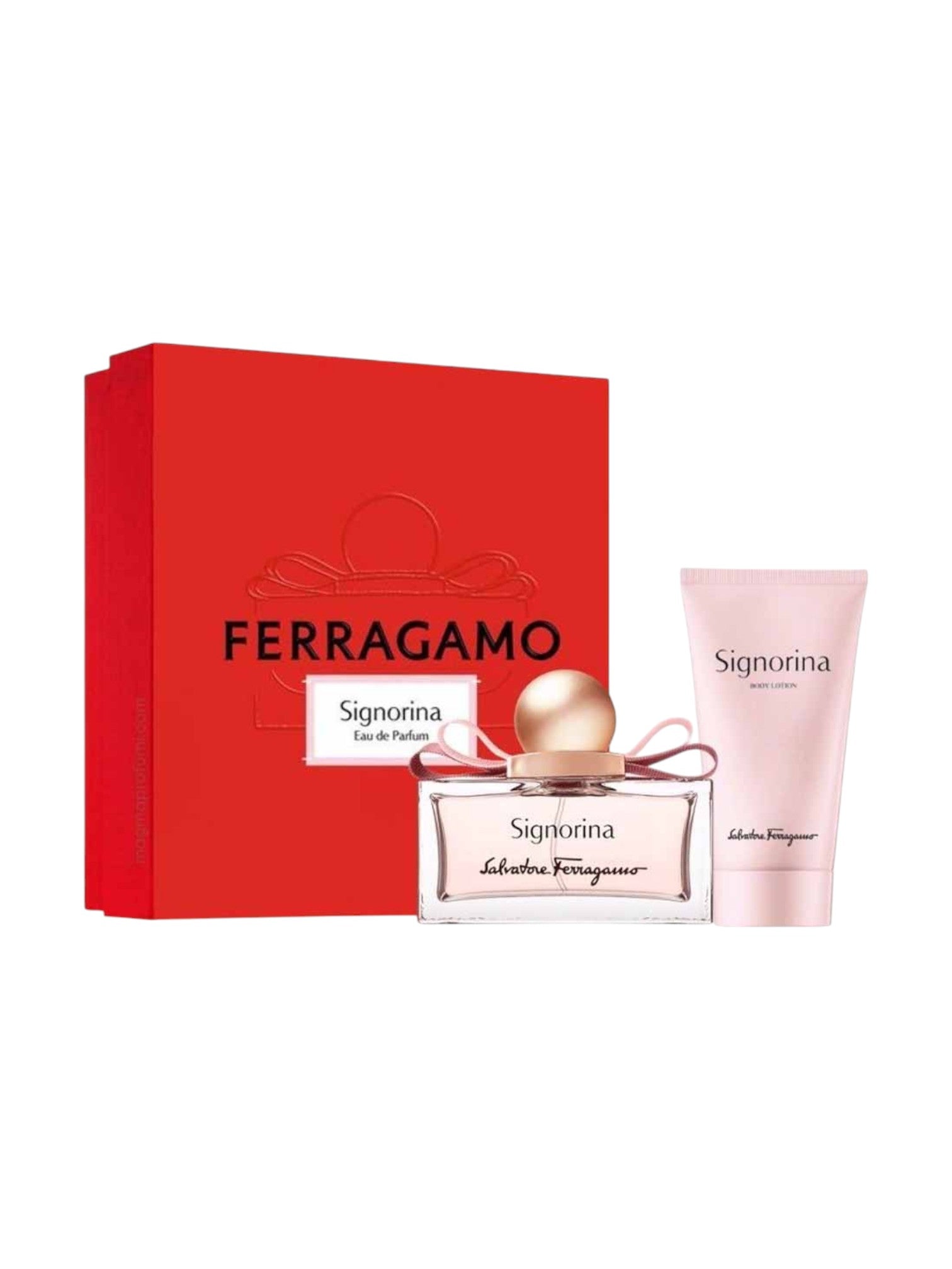 Ferragamo Signorina perfume set with red box, bottle, and lotion on a white background. Ferragamo, Monza Outlet, Monza Fashion, Shein Outlet