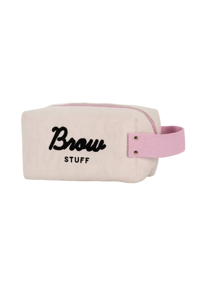 Cosmetic bag with 'Brow Stuff' text and pink handle on a white background Monza fashion outlet, monza outlet, shein outlet, shien outlet cosmetics, makeup, perfume