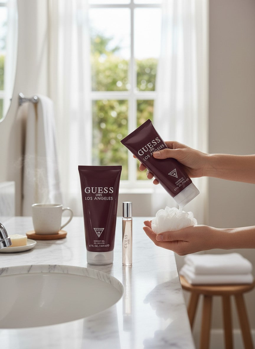 Person holding Guess skincare products in a bathroom setting. Guess, Monza Outlet, Monza Fashion, Shein Outlet 