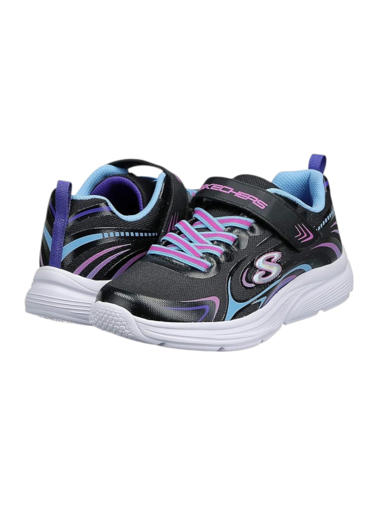 Black and gray sneakers with colorful accents on a white background. Skechers, Monza Outlet, Monza Fashion, Shein Outlet