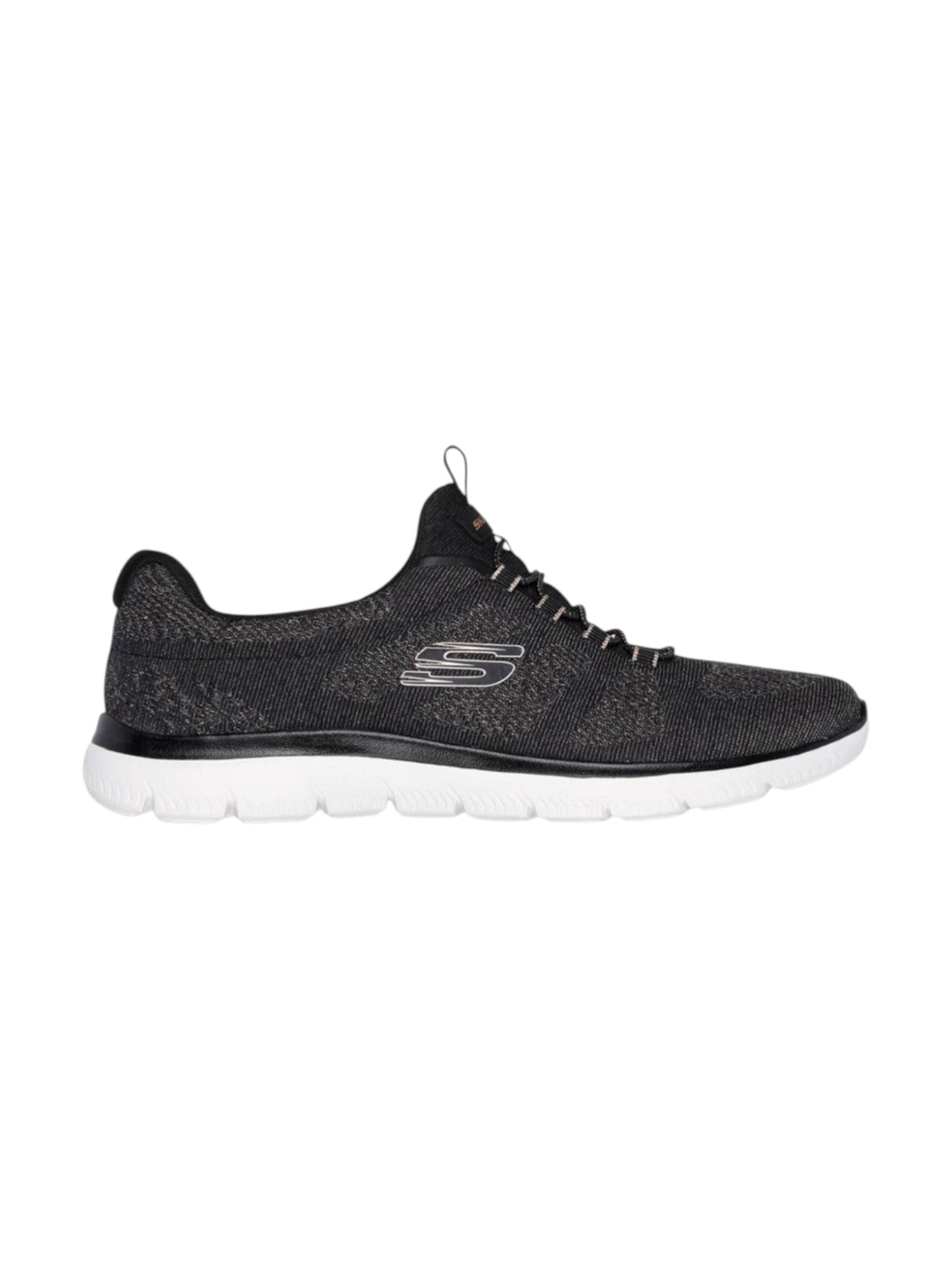 Black athletic shoe with white sole on a white background. Skechers, Monza Outlet, Monza Fashion, Shein Outlet